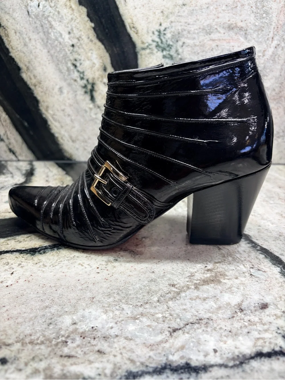 Silvano Lattanzi Black Patent Leather Buckle Ankle Boots Heels Size 38 Italy